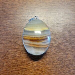 Oval Banded Agate Pendant in Cream, Brown & Yellow Stripes